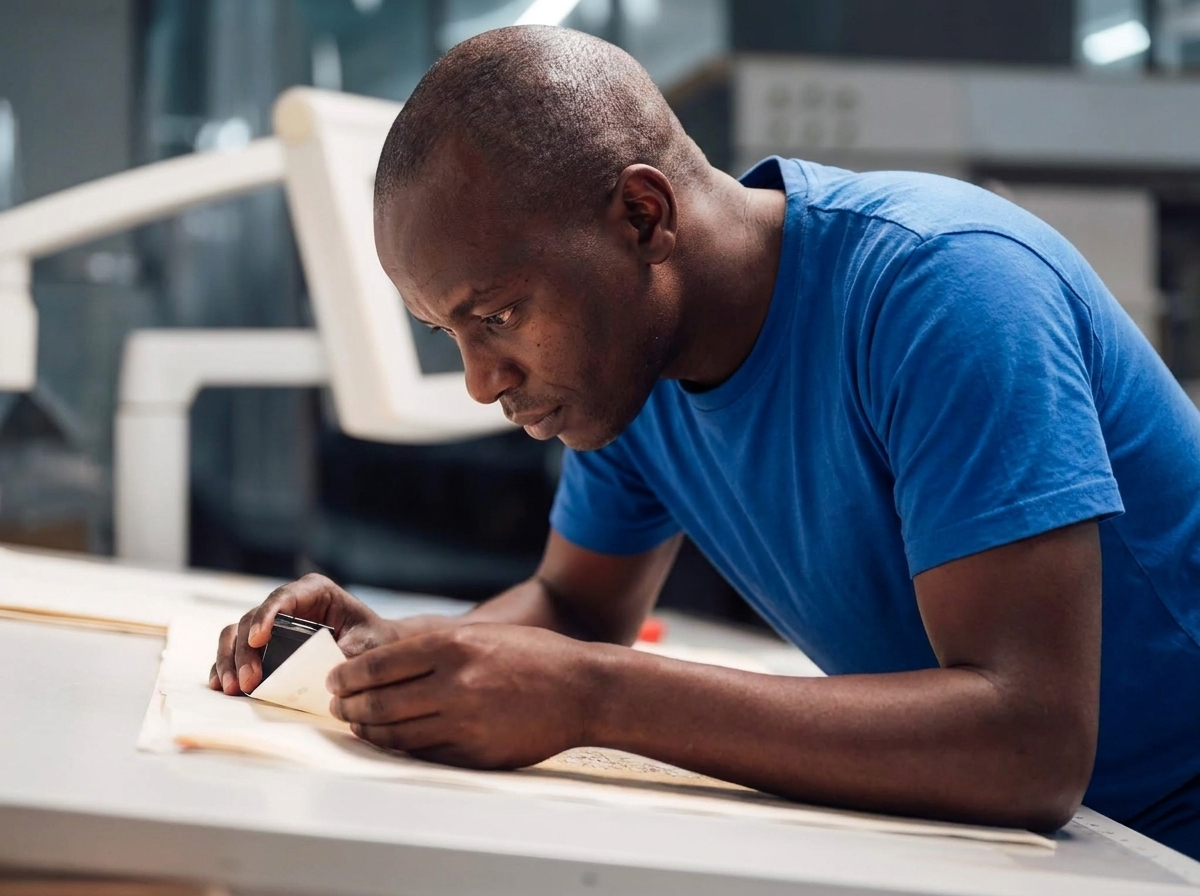 Operator reviewing production drawings on a workshop bench