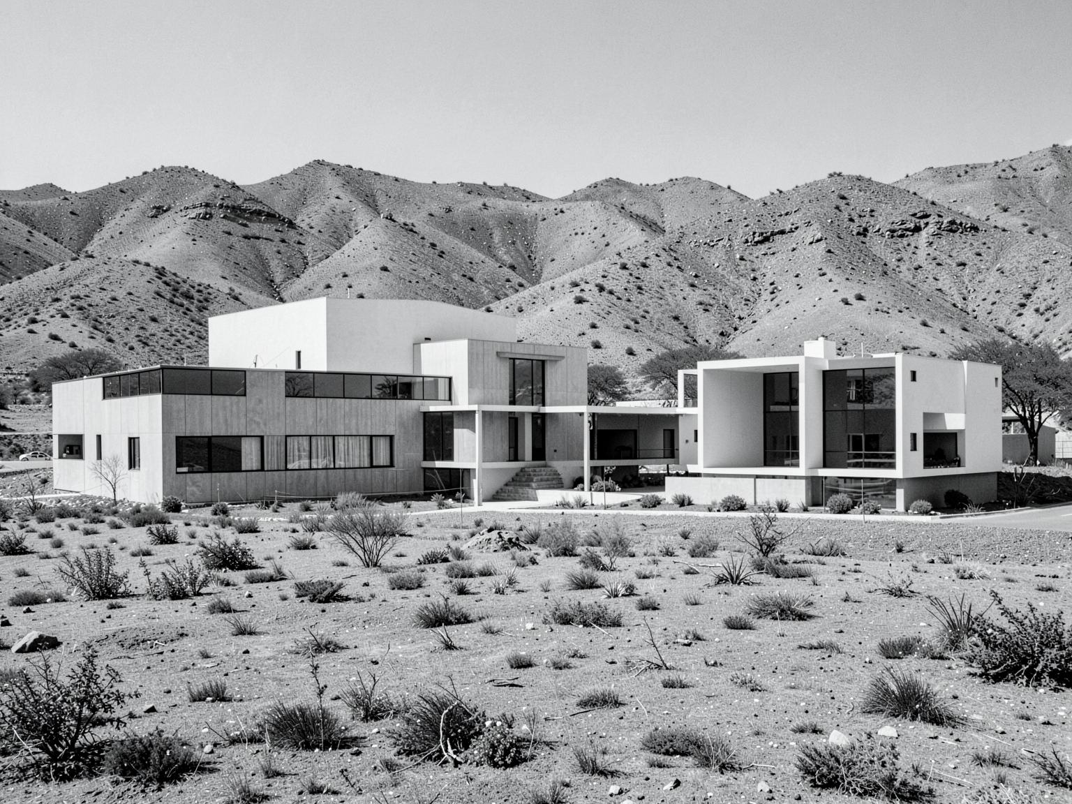 Contemporary architecture set against arid hills near Windhoek, Namibia